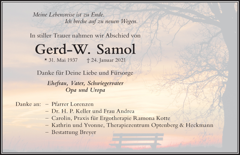 Traueranzeige von Gerd-W. Samol von Der Westallgäuer