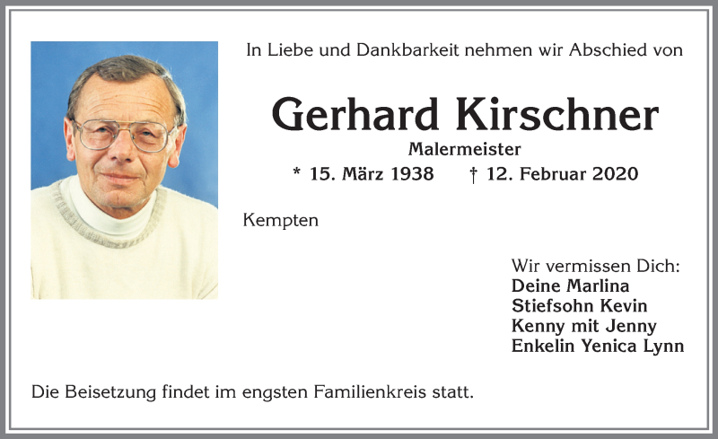 Traueranzeige von Gerhard Kirschner von Allgäuer Zeitung,Kempten