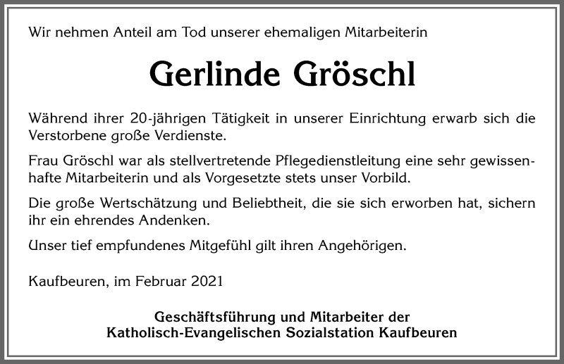 Traueranzeige von Gerlinde Gröschl von Allgäuer Zeitung, Kaufbeuren/Buchloe