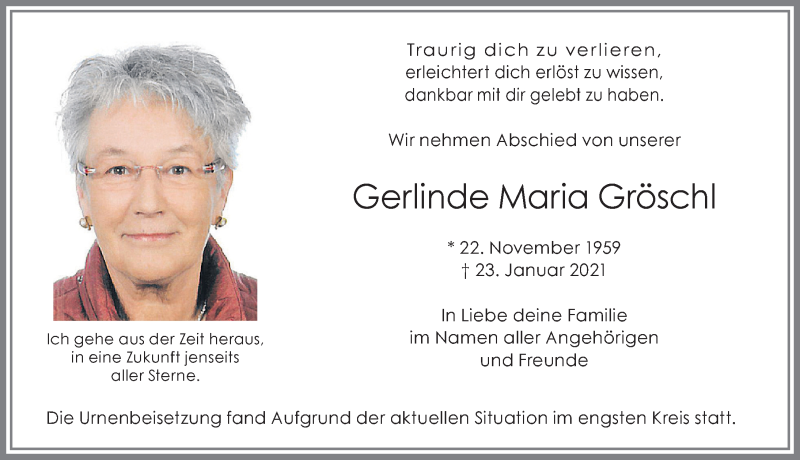 Traueranzeige von Gerlinde Maria Gröschl von Allgäuer Zeitung, Kaufbeuren/Buchloe