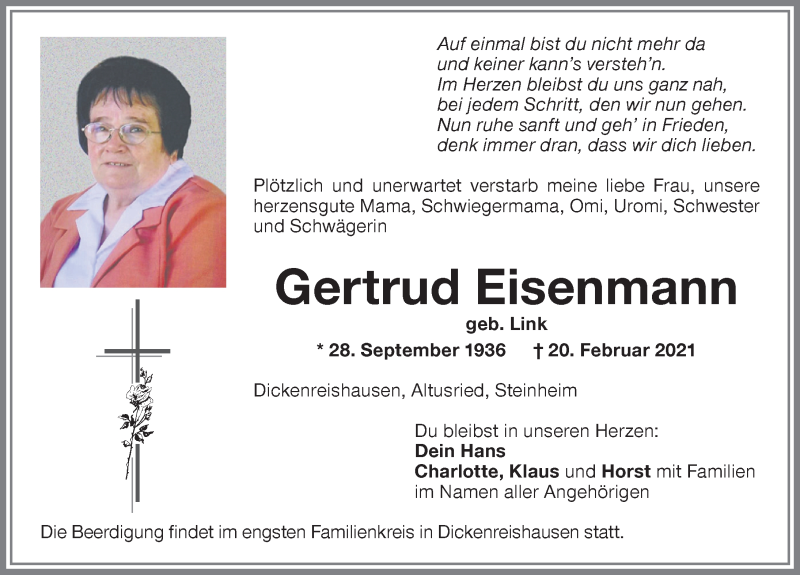 Traueranzeige von Gertrud Eisenmann von Memminger Zeitung