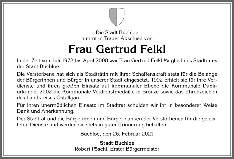 Traueranzeige von Gertrud Felkl von Allgäuer Zeitung, Kaufbeuren/Buchloe