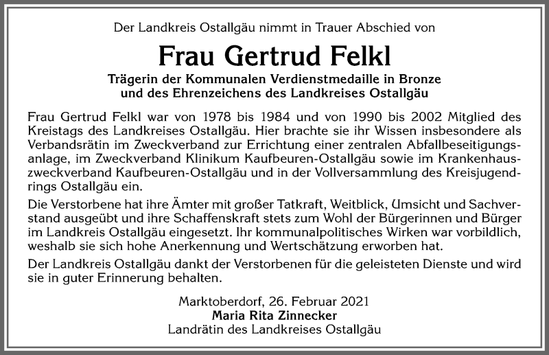 Traueranzeige von Gertrud Felkl von Allgäuer Zeitung