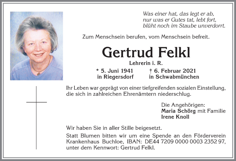 Traueranzeige von Gertrud Felkl von Allgäuer Zeitung, Kaufbeuren/Buchloe