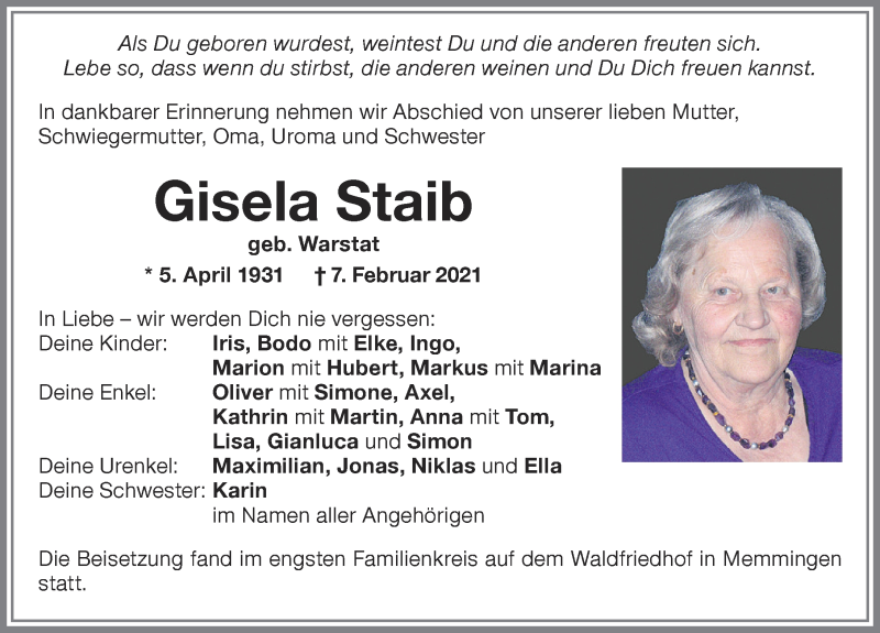 Traueranzeige von Gisela Staib von Memminger Zeitung