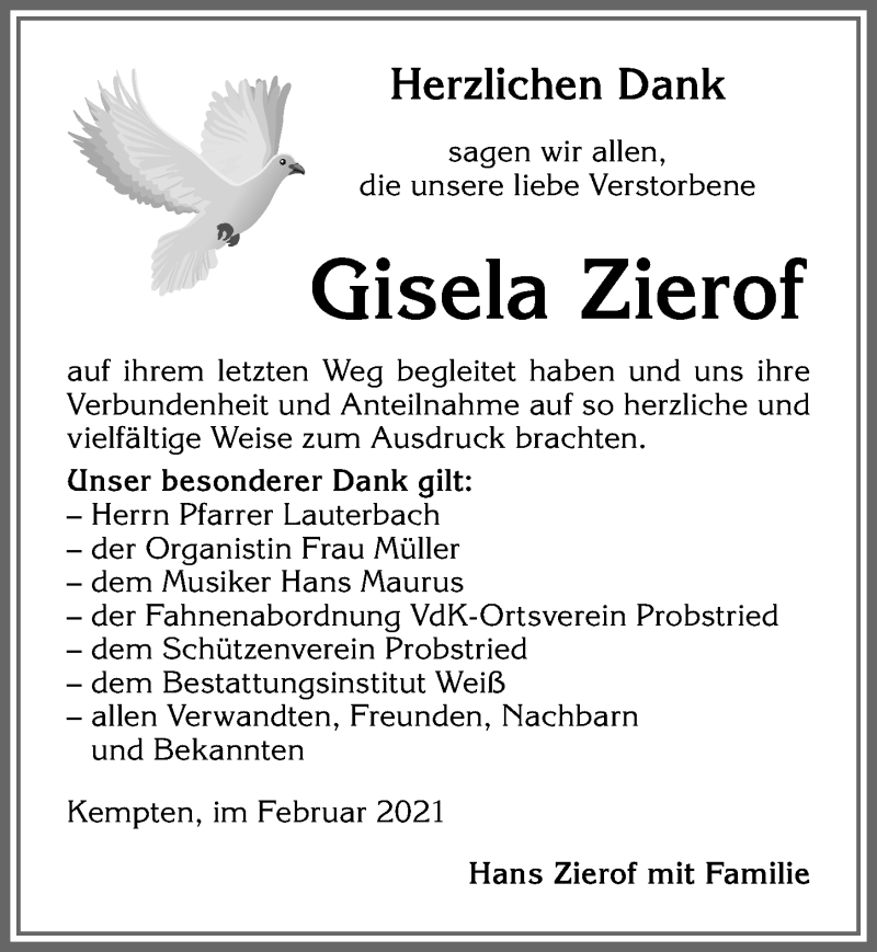 Traueranzeige von Gisela Zierof von Allgäuer Zeitung,Kempten