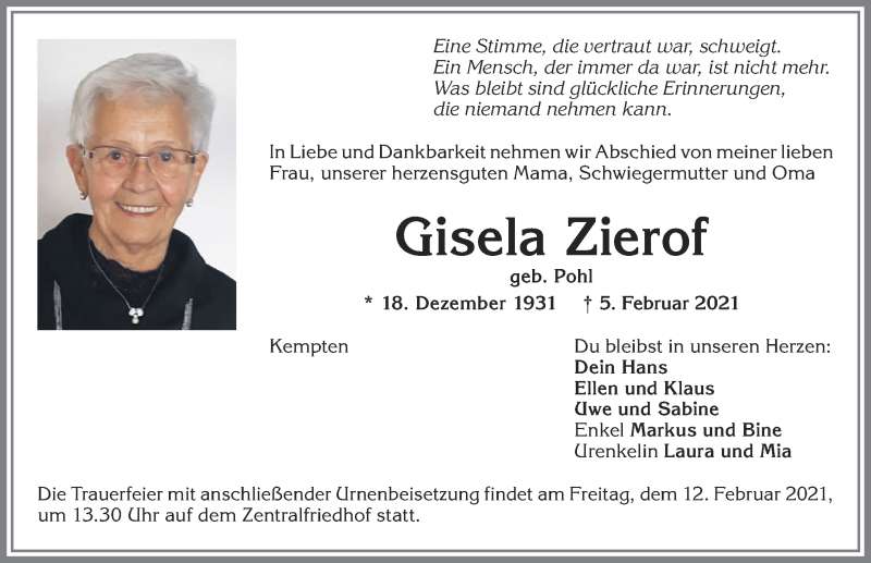 Traueranzeige von Gisela Zierof von Allgäuer Zeitung,Kempten