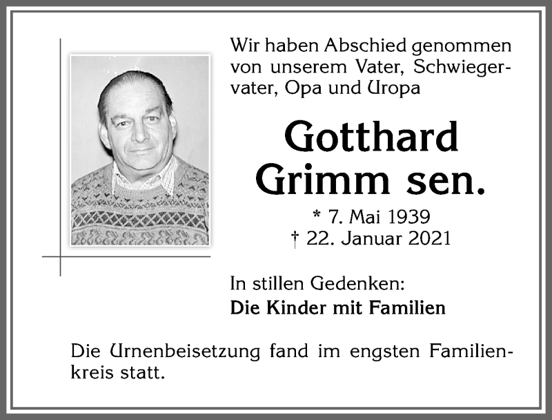 Traueranzeige von Gotthard Grimm von Memminger Zeitung