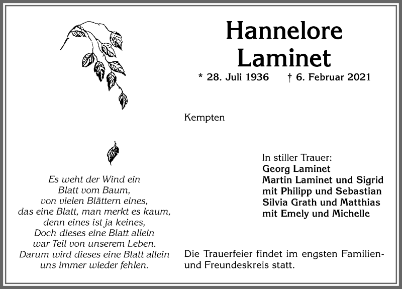 Traueranzeige von Hannelore Laminet von Allgäuer Zeitung,Kempten