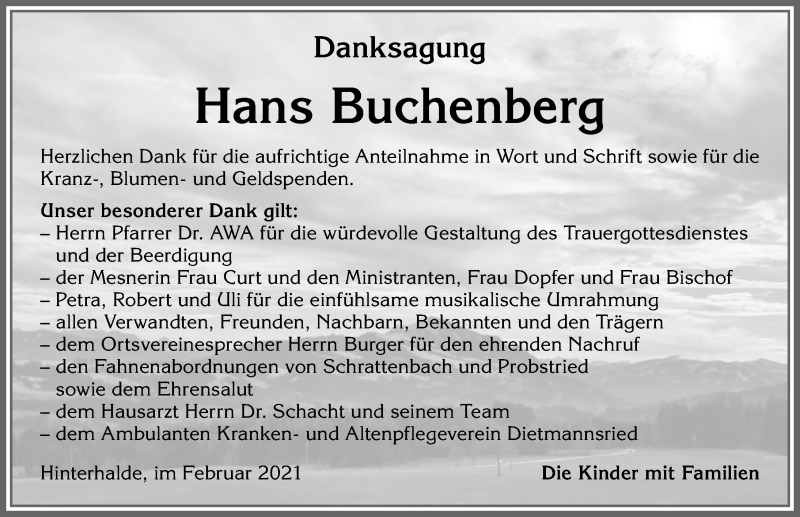 Traueranzeige von Hans Buchenberg von Allgäuer Zeitung,Kempten