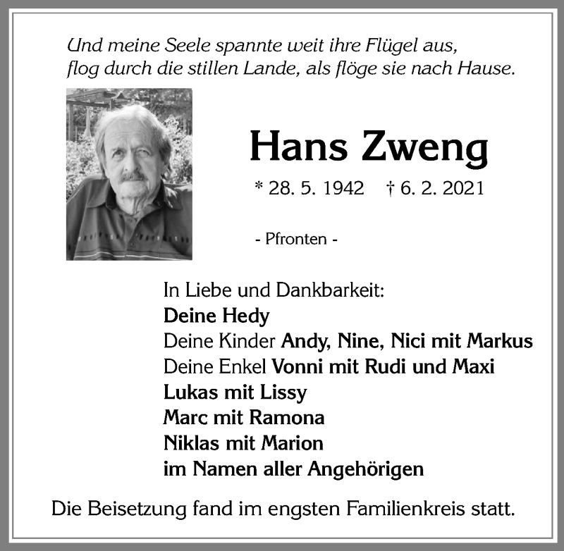 Traueranzeige von Hans Zweng von Allgäuer Zeitung, Füssen