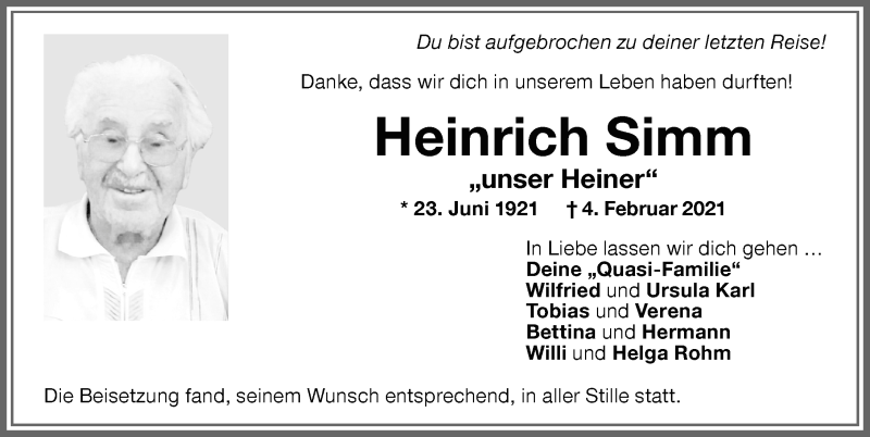 Traueranzeige von Heinrich Simm von Memminger Zeitung