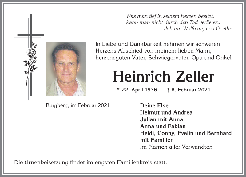 Traueranzeige von Heinrich Zeller von Allgäuer Anzeigeblatt