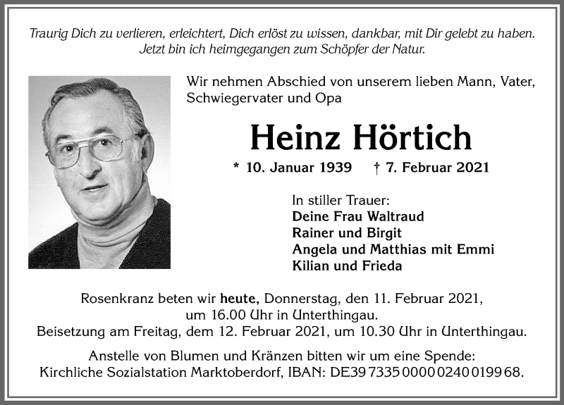 Traueranzeige von Heinz Hörtich von Allgäuer Zeitung, Marktoberdorf