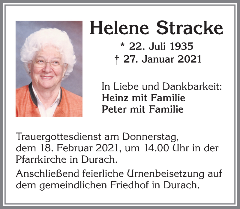 Traueranzeige von Helene Stracke von Allgäuer Zeitung,Kempten