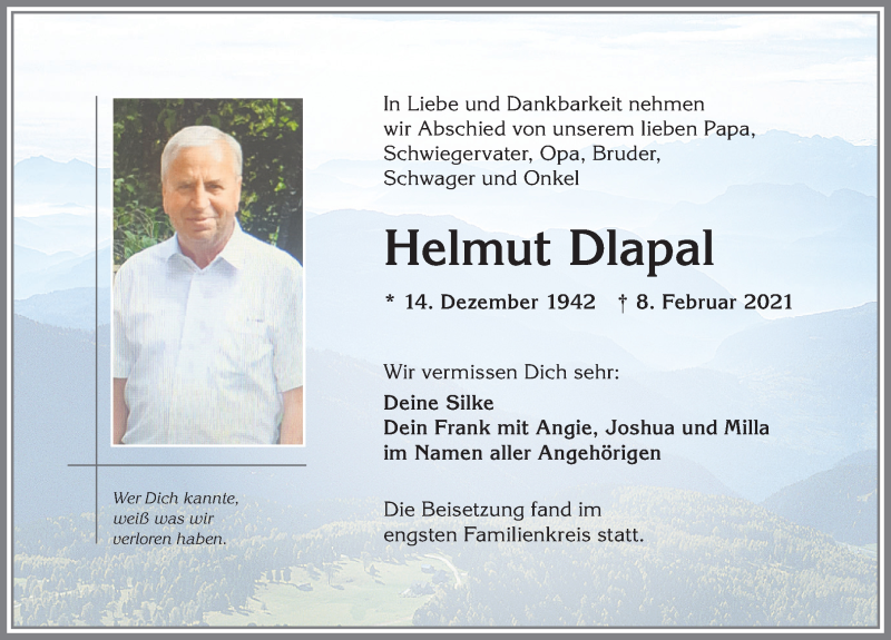 Traueranzeige von Helmut Dlapal von Allgäuer Zeitung,Kempten