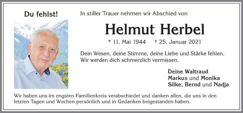 Traueranzeige von Helmut Herbel von Allgäuer Zeitung, Füssen