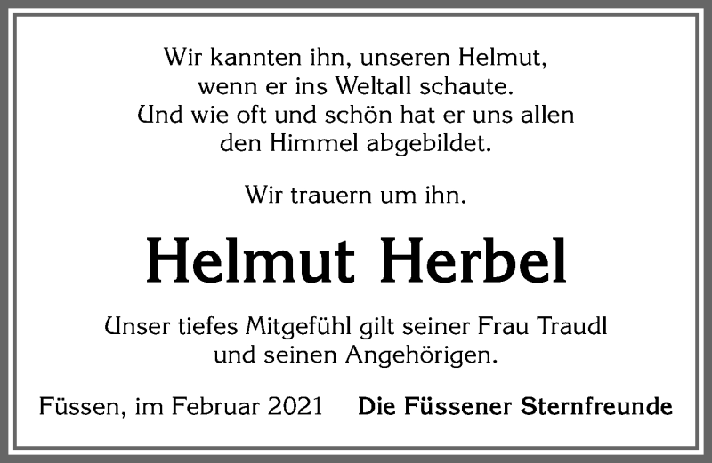 Traueranzeige von Helmut Herbel von Allgäuer Zeitung, Füssen