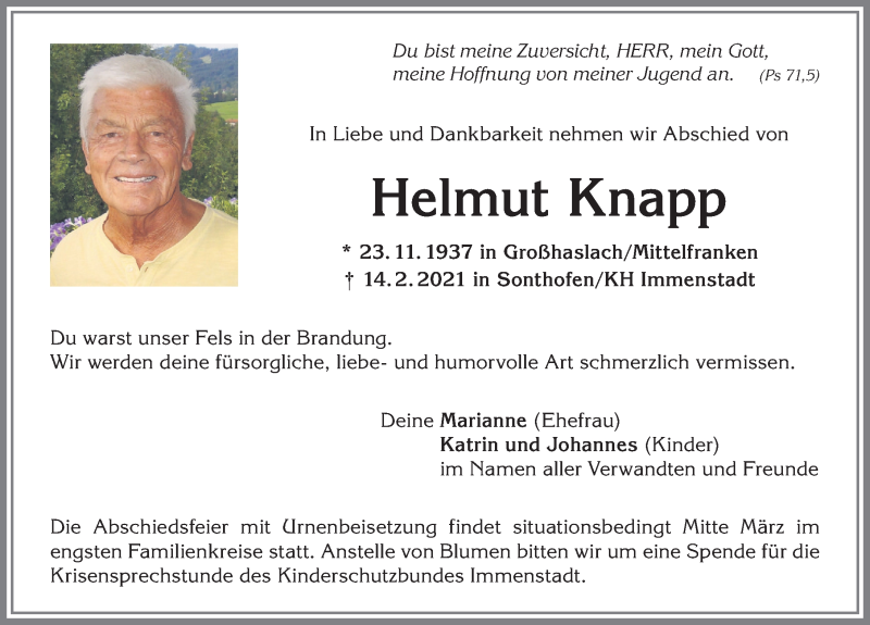 Traueranzeige von Helmut Knapp von Allgäuer Anzeigeblatt