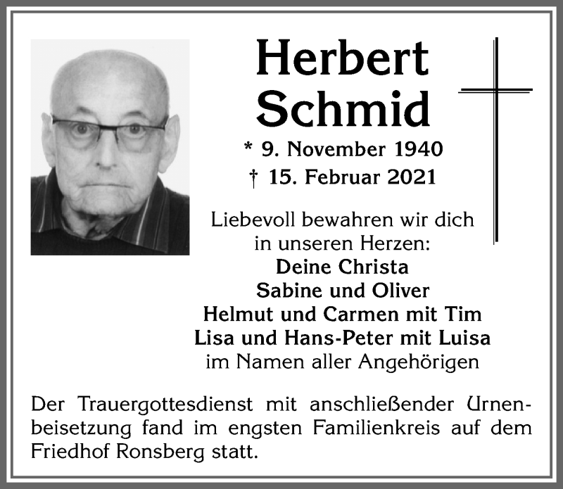 Traueranzeige von Herbert Schmid von Allgäuer Zeitung, Marktoberdorf