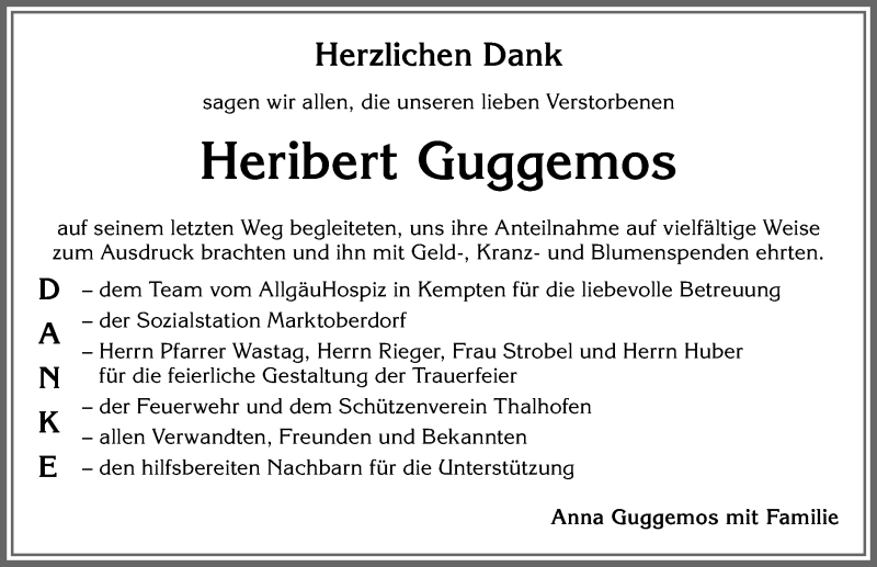 Traueranzeige von Heribert Guggemos von Allgäuer Zeitung, Marktoberdorf