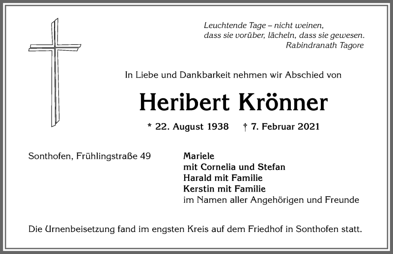 Traueranzeige von Heribert Krönner von Allgäuer Anzeigeblatt