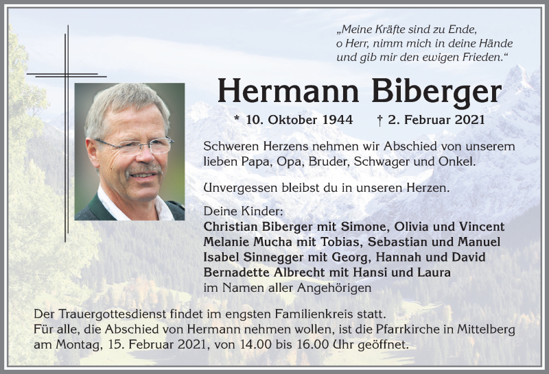 Traueranzeige von Hermann Biberger von Allgäuer Anzeigeblatt