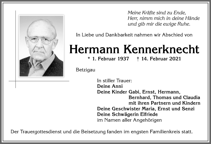 Traueranzeige von Hermann Kennerknecht von Allgäuer Zeitung,Kempten