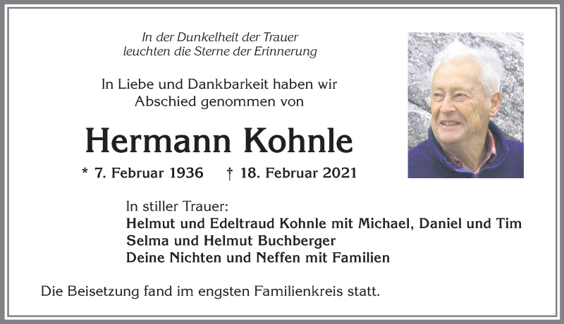 Traueranzeige von Hermann Kohnle von Allgäuer Zeitung