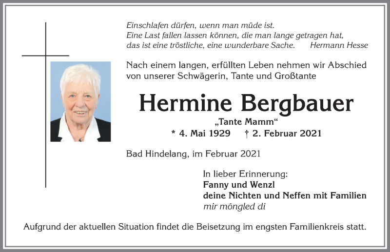 Traueranzeige von Hermine Bergbauer von Allgäuer Anzeigeblatt