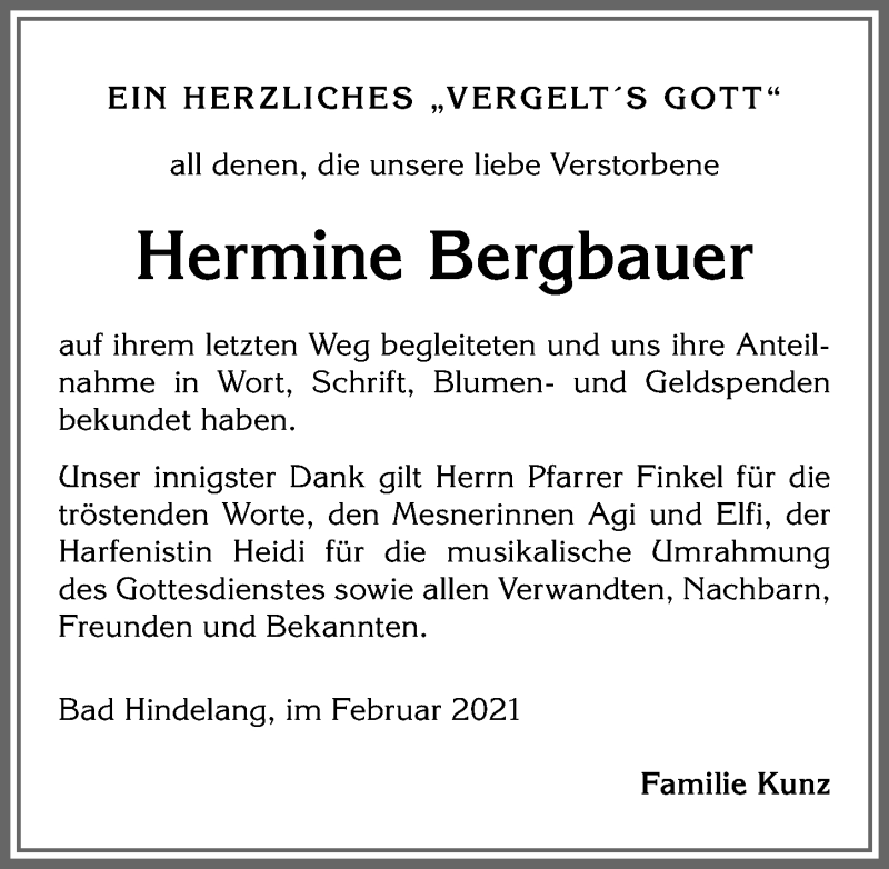 Traueranzeige von Hermine Bergbauer von Allgäuer Anzeigeblatt