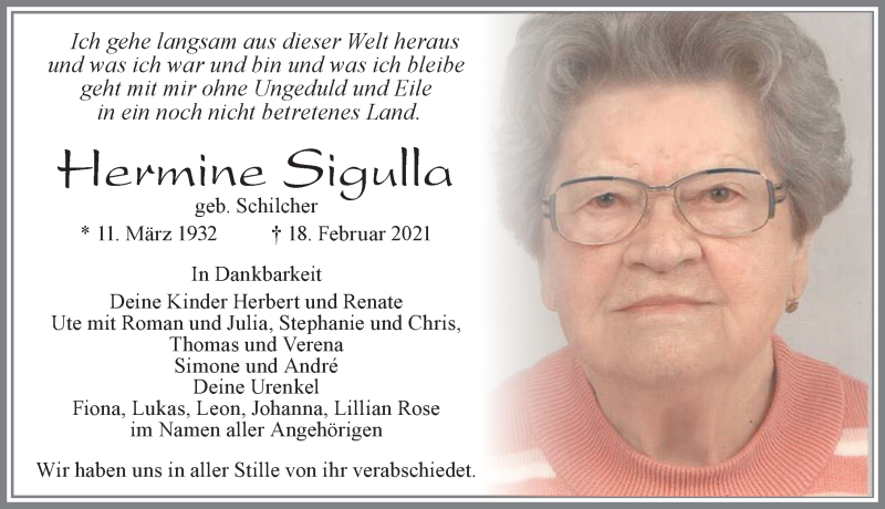 Traueranzeige von Hermine Sigulla von Allgäuer Zeitung, Füssen