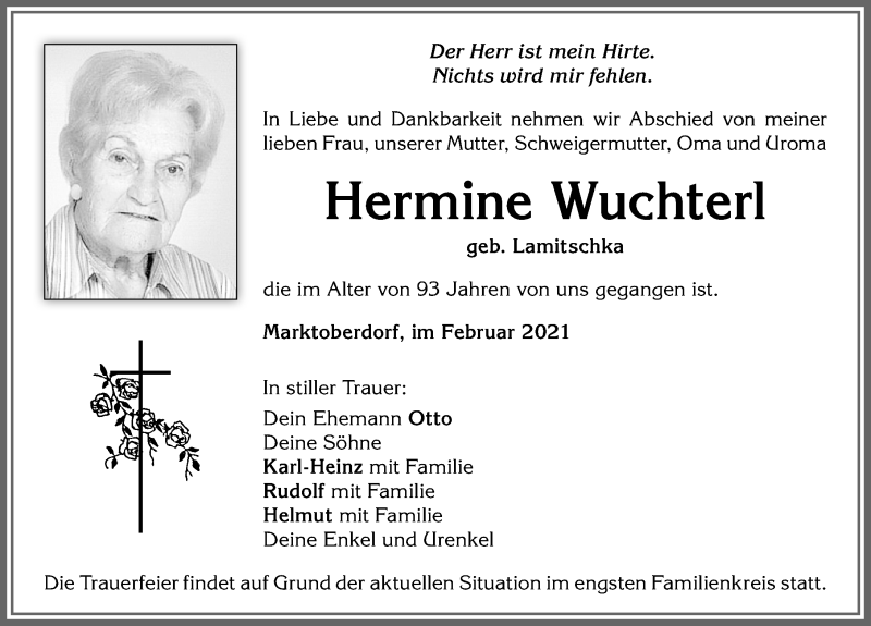 Traueranzeige von Hermine Wuchterl von Allgäuer Zeitung, Marktoberdorf