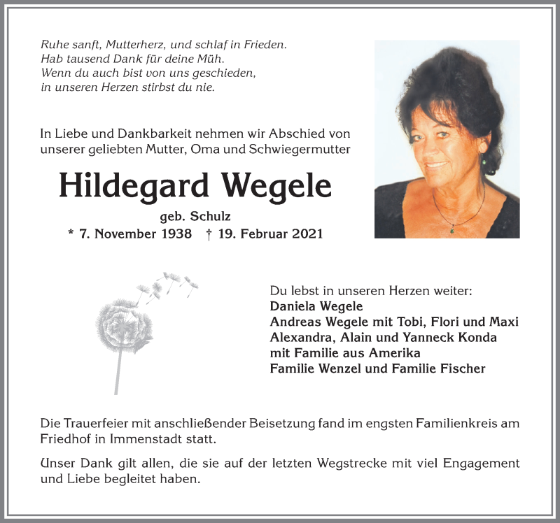 Traueranzeige von Hildegard Wegele von Allgäuer Anzeigeblatt