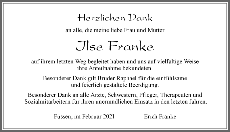 Traueranzeige von Ilse Franke von Allgäuer Zeitung, Füssen