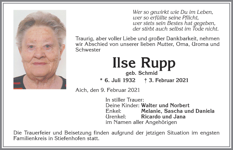 Traueranzeige von Ilse Rupp von Allgäuer Zeitung