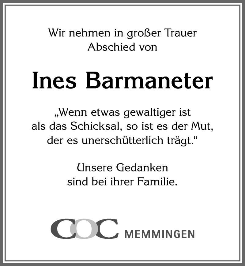 Traueranzeige von Ines Barmaneter von Memminger Zeitung