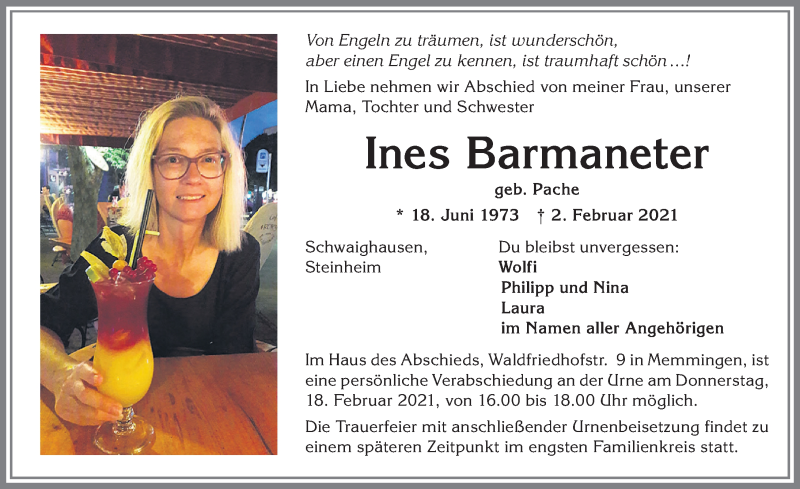 Traueranzeige von Ines Barmaneter von Memminger Zeitung