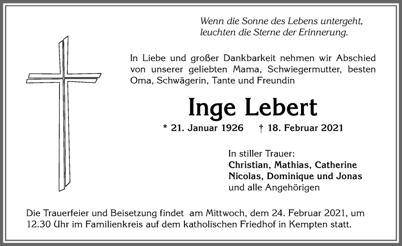 Traueranzeige von Inge Lebert von Allgäuer Zeitung,Kempten