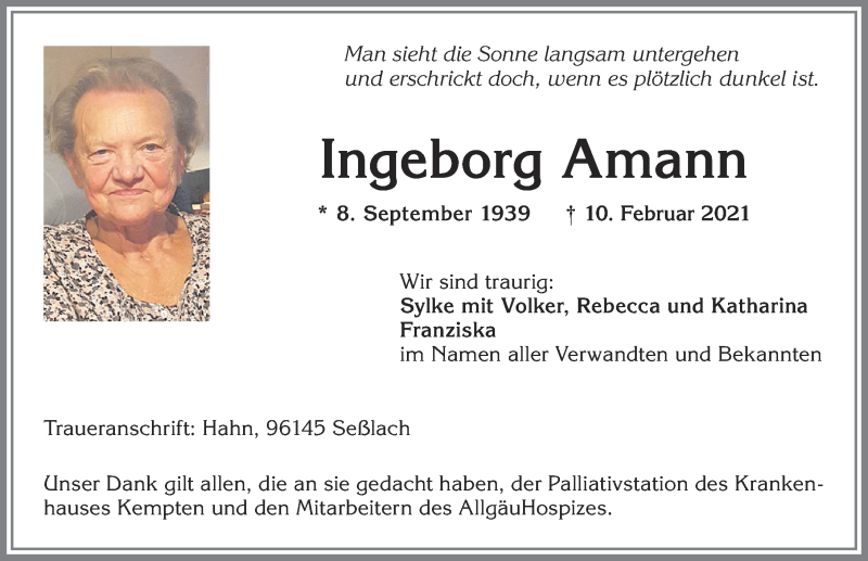 Traueranzeige von Ingeborg Amann von Allgäuer Zeitung,Kempten