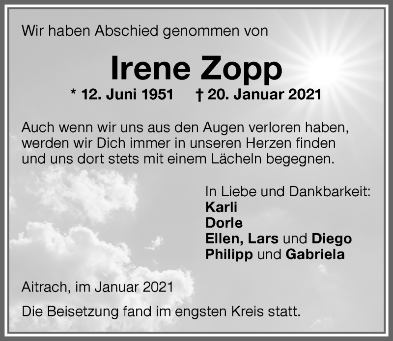 Traueranzeige von Irene Zopp von Memminger Zeitung