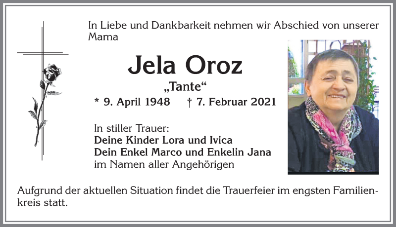 Traueranzeige von Jela Oroz von Allgäuer Zeitung, Kaufbeuren/Buchloe