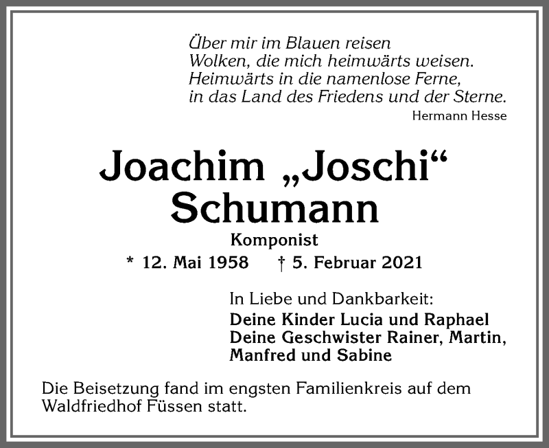 Traueranzeige von Joachim Schumann von Allgäuer Zeitung, Füssen