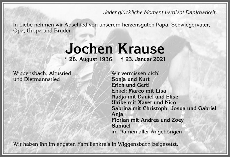 Traueranzeige von Jochen Krause von Allgäuer Zeitung,Kempten