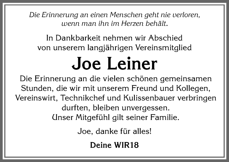 Traueranzeige von Joe Leiner von Allgäuer Anzeigeblatt