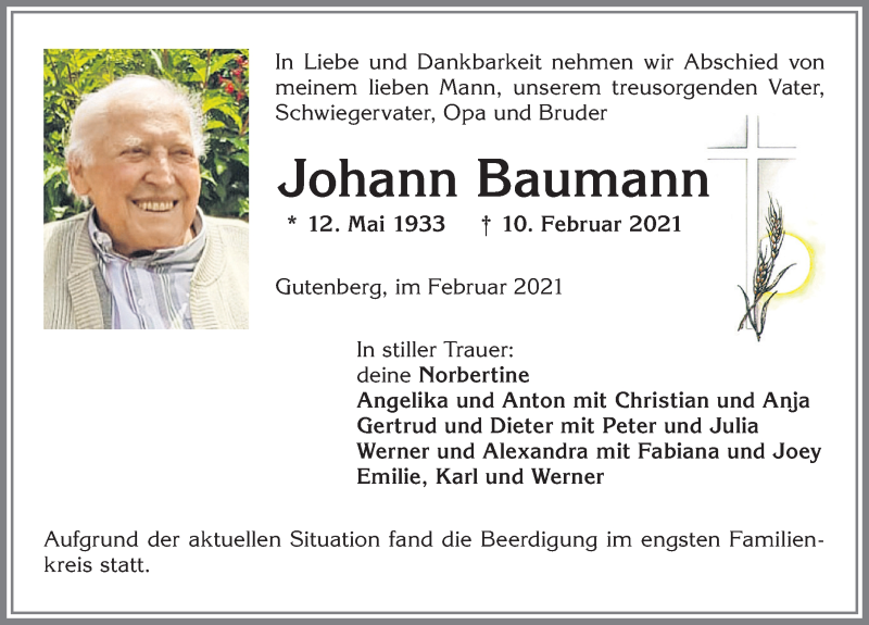 Traueranzeige von Johann Baumann von Allgäuer Zeitung, Kaufbeuren/Buchloe