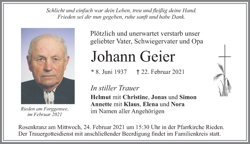 Traueranzeige von Johann Geier von Allgäuer Zeitung, Füssen