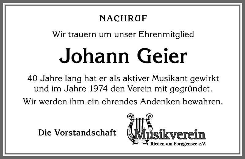 Traueranzeige von Johann Geier von Allgäuer Zeitung, Füssen