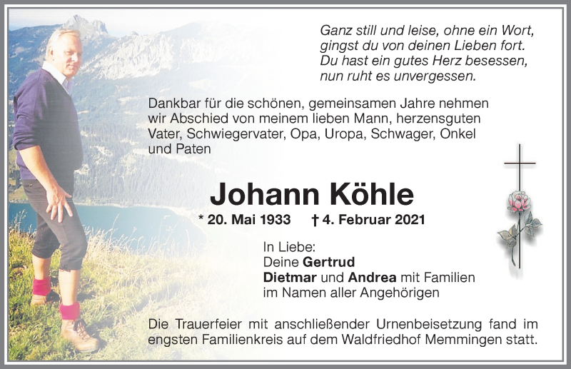 Traueranzeige von Johann Köhle von Memminger Zeitung