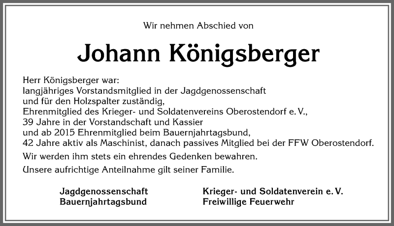 Traueranzeige von Johann Königsberger von Allgäuer Zeitung, Kaufbeuren/Buchloe